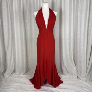 Niki Livas Dress Womens 8 Red Halter Ruched Rhinestone Mermaid Gown Formal